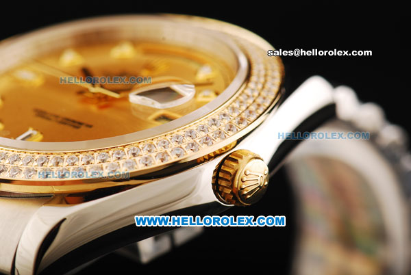 Rolex Day Date II Automatic Movement Champagne Dial with Double Row Diamond Bezel - Diamond Markers and Two Tone Strap - Click Image to Close
